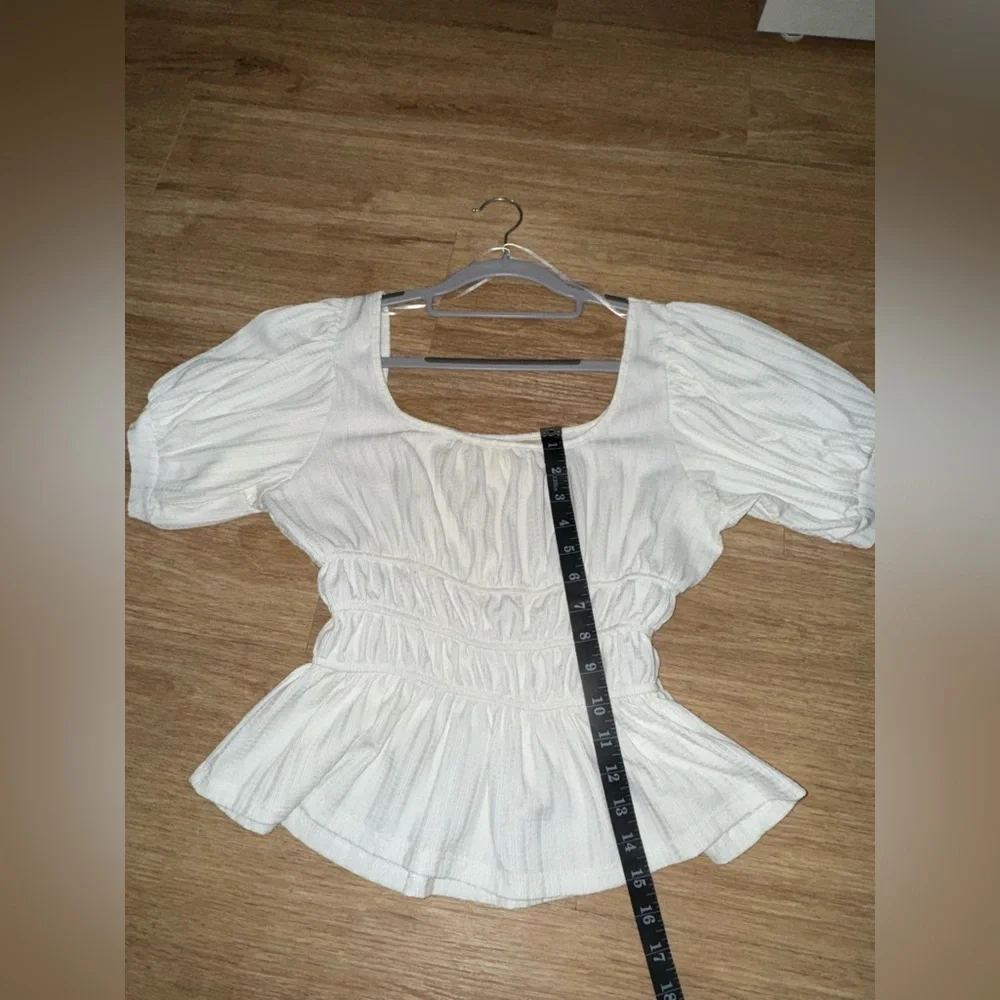 Anthropologie Women's White Puff Sleeve Ruched Blouse
